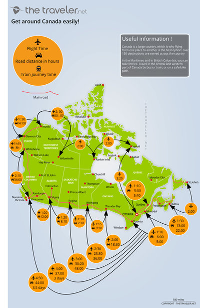 Route and distance Canada map